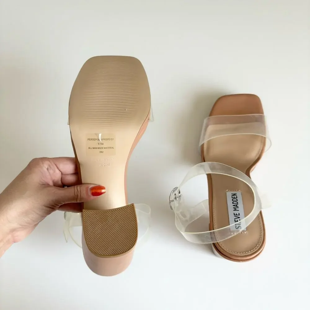 Steve Madden Women’s Persepoliss Beige Clear Strap Block Heel Sandals Size 9.5